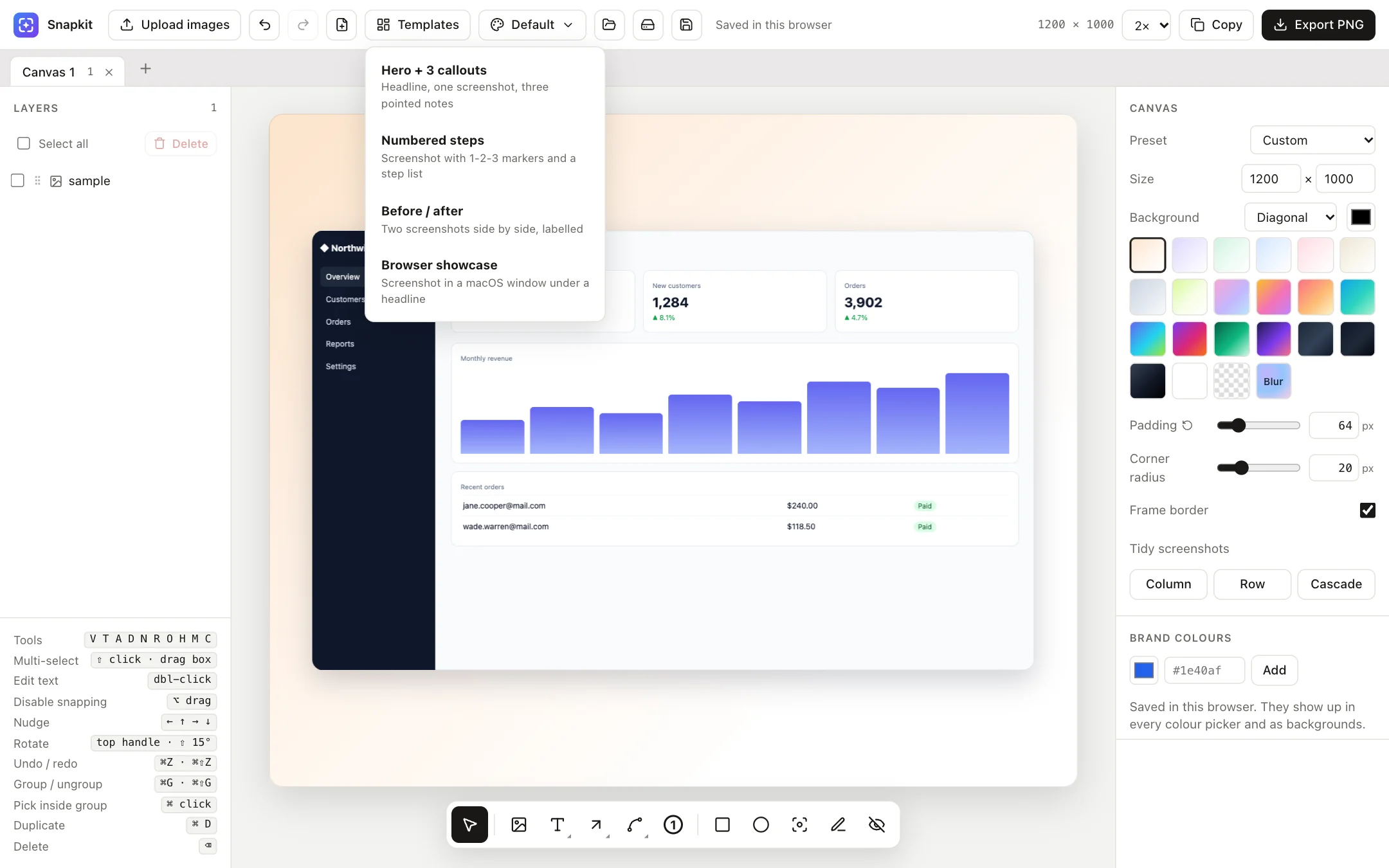 Templates menu open with four options