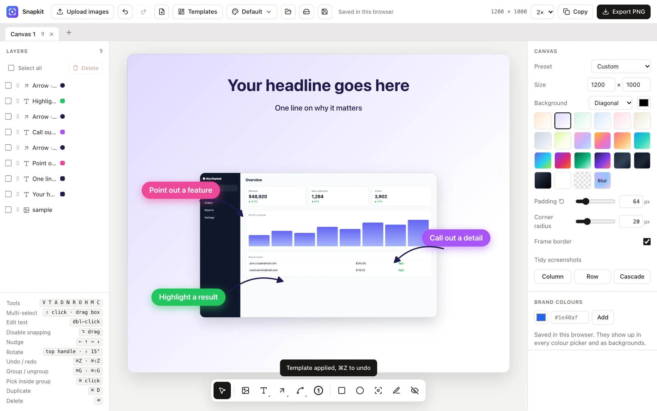 Snapkit editor showing a dashboard screenshot on a lavender background with three coloured callouts and arrows