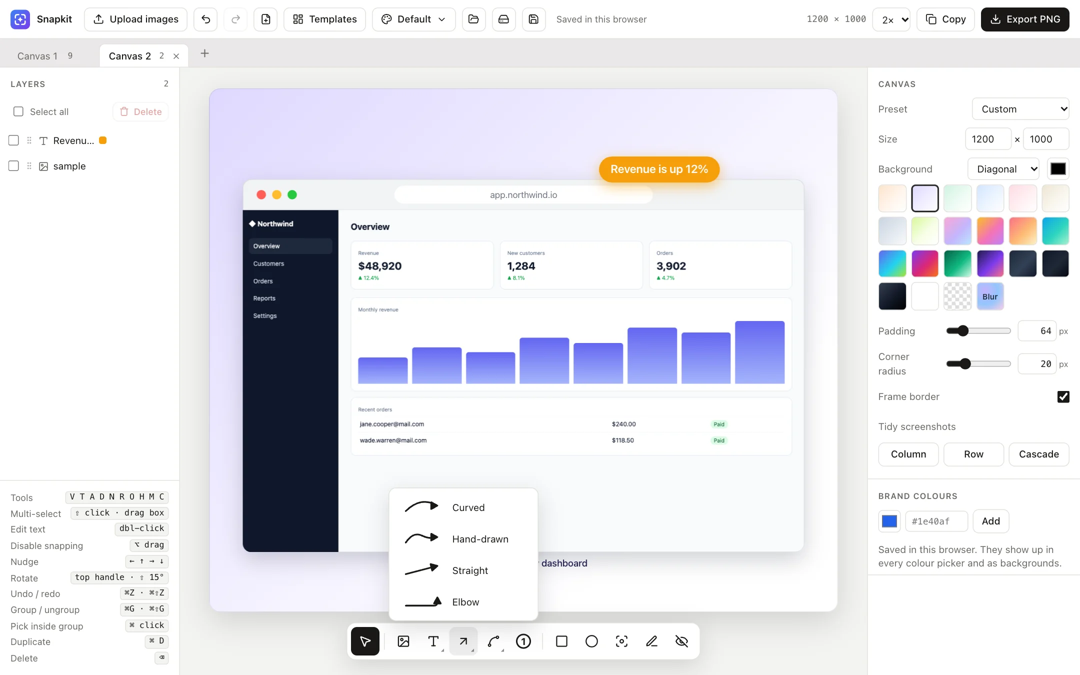 Arrow style menu: curved, hand-drawn, straight, elbow