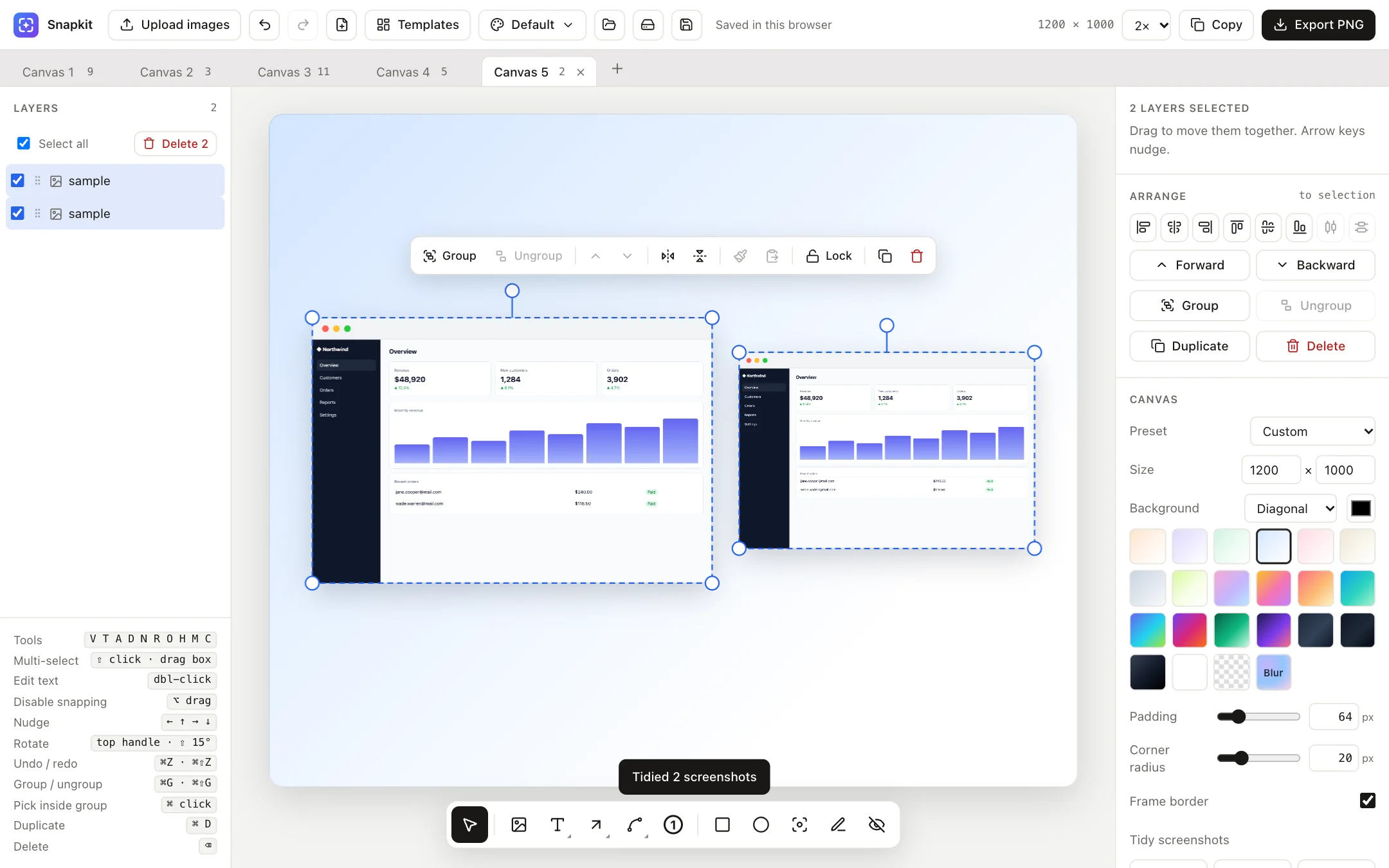 Two screenshots selected with the floating selection toolbar above