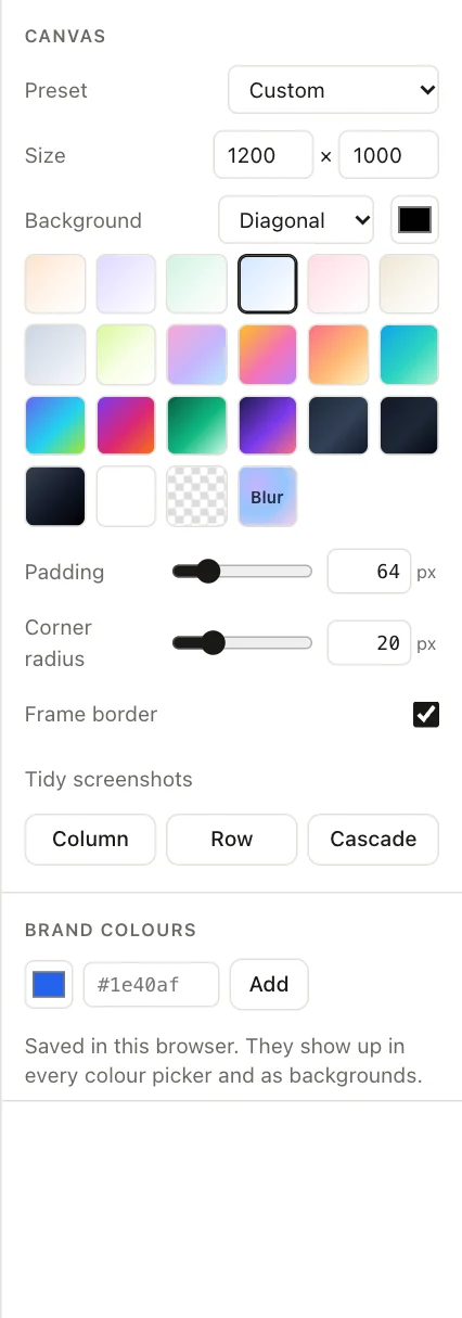 Canvas settings panel with size presets, backgrounds, padding and corner radius