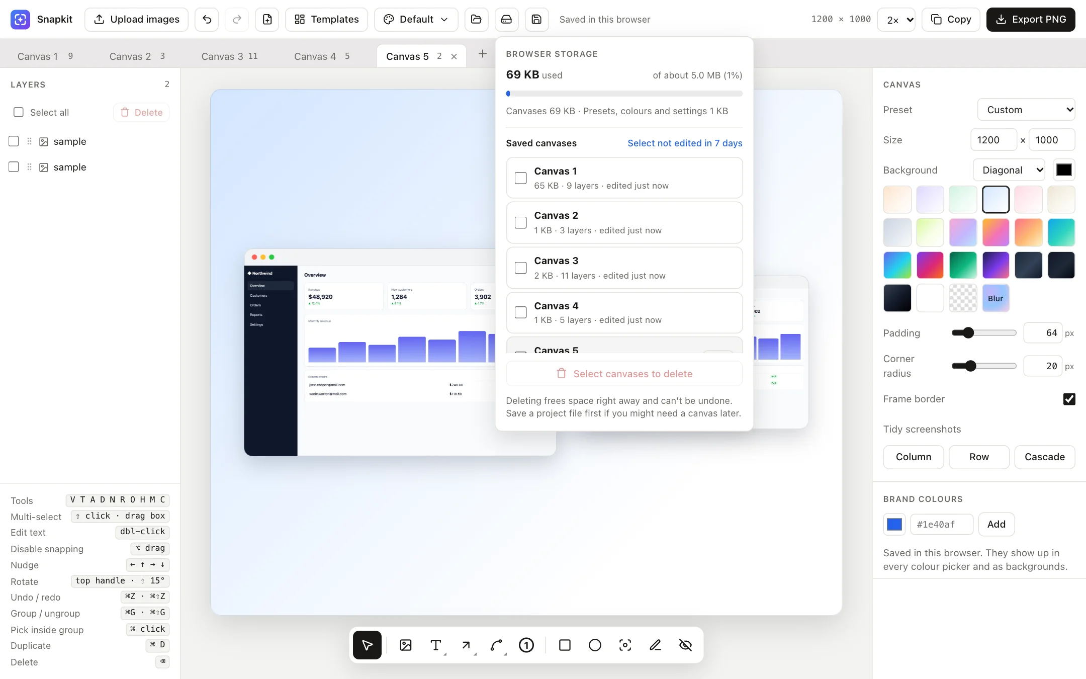Browser storage panel with usage meter and list of saved canvases
