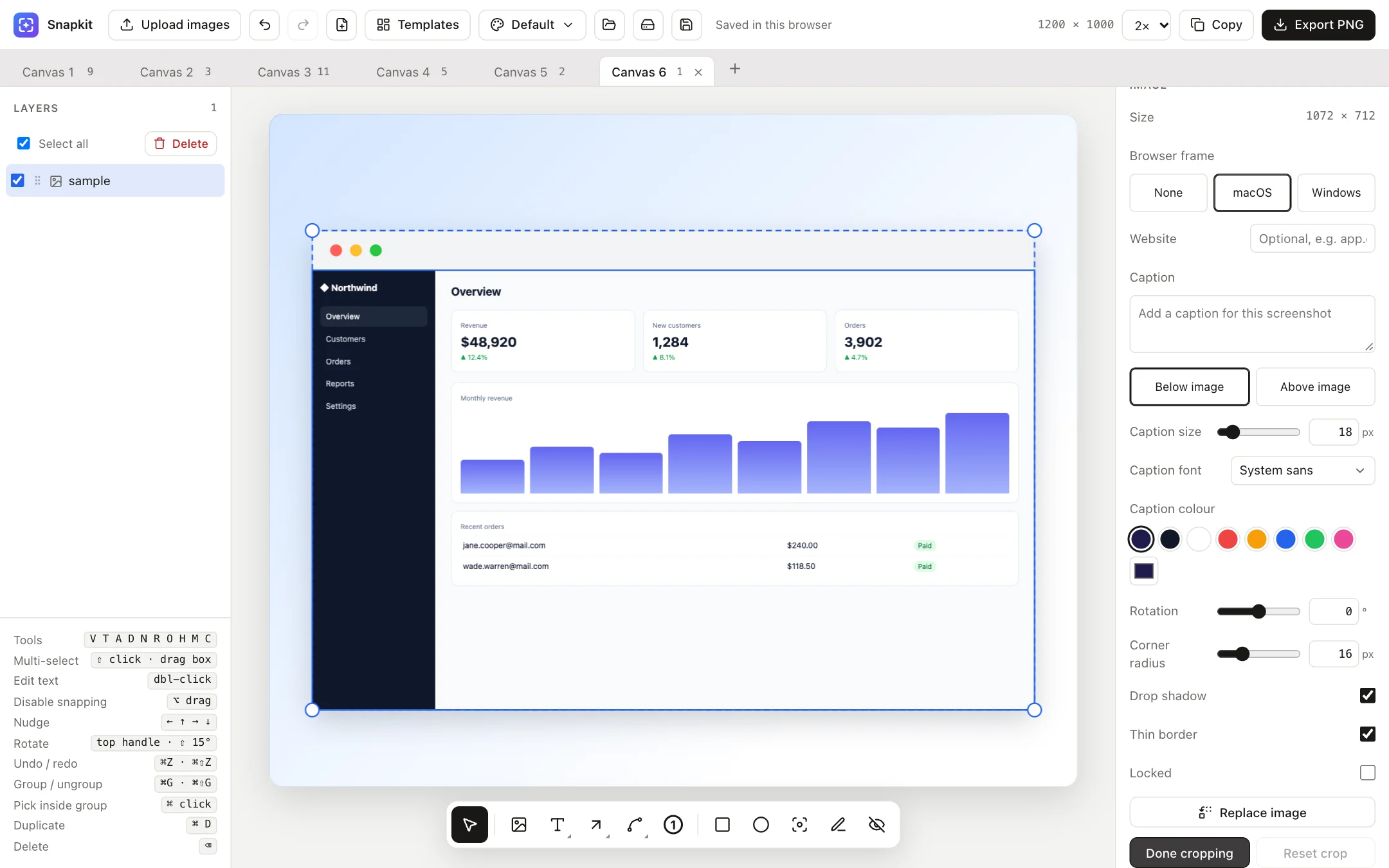 Crop mode on a screenshot with corner handles